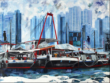 Collages titled "Les bateaux d'aberd…" by Nathalie Lemaitre, Original Artwork, Collages
